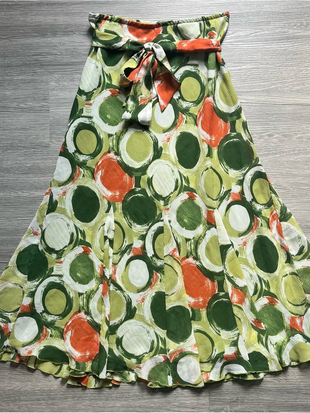 Green Multicolor Circle Print Godet Maxi Skirt with Tie Waist